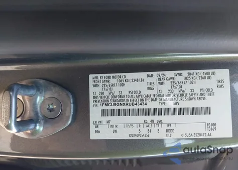 2024 Ford Escape Active z USA, uszkodzony, nr VIN 1FMCU9GNXRUB43434